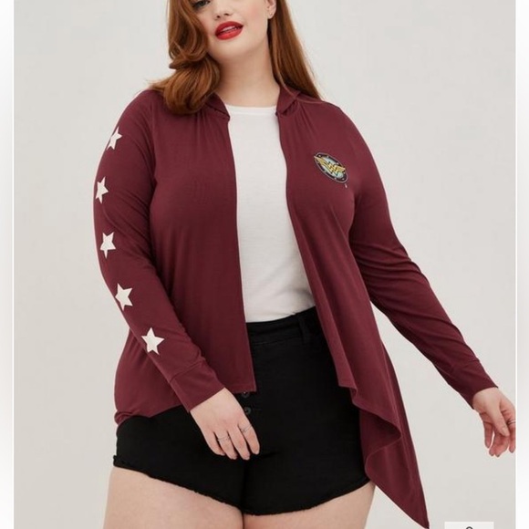 Torrid DC Comics Wonder Woman Drape Hooded Cardigan - Burgundy size 6X Plus - Picture 1 of 8